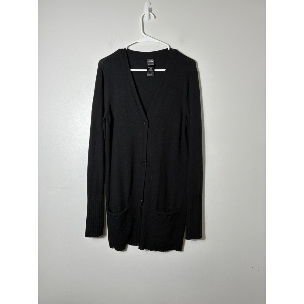 The North Face Long Line Cardigan Women's M Black Merino Wool Blend Minimalist